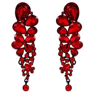 Carbon Black with Ruby Red Austrian Crystal Dangling Chandelier Clip On Earrings